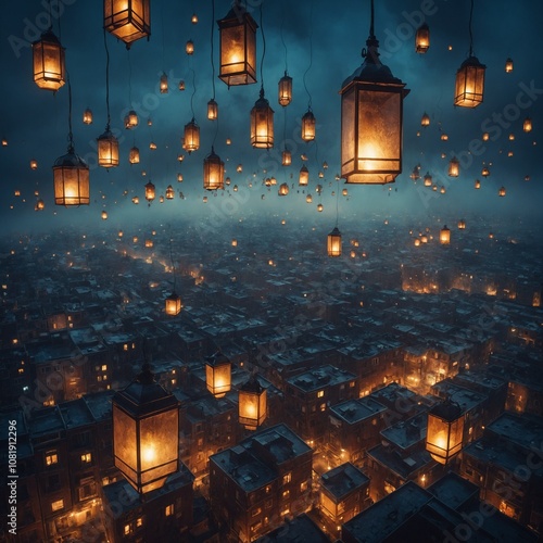 "Floating Lamp City": A surreal scene where lamps of various sizes and designs hover mid-air, illuminating a dreamy, foggy cityscape.