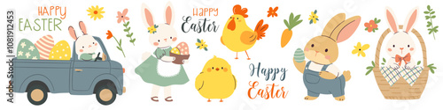 Set of flat vector illustrations in children's style on the theme of Easter holidays. Cute bunnies on a truck, chickens Easter eggs daisies and plants, lettering Happy easter. Vector illustration