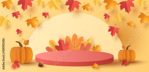 Paper cut of cylinder podium with Autumn leaves , geometric shapes for products display presentation. Vector illustration