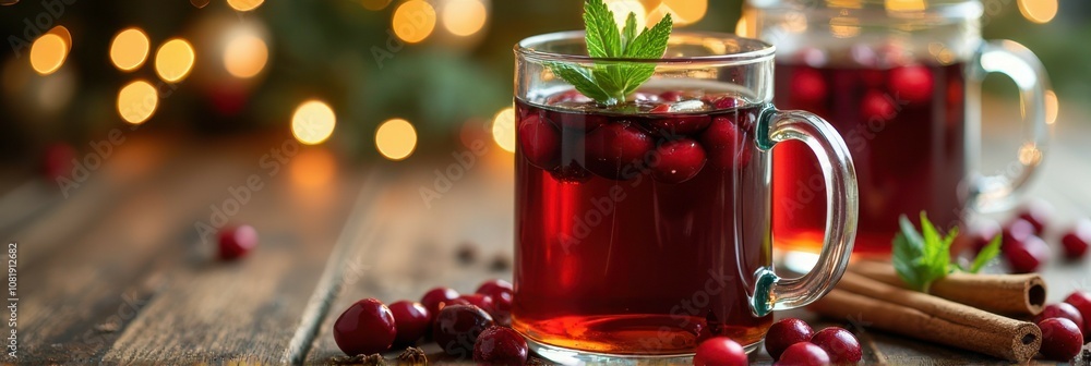 Festive cranberry infusion with mint and cinnamon in a cozy holiday setting Festive cranberry infusion with mint and cinnamon in a cozy holiday setting