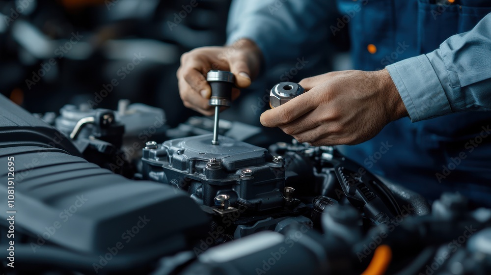 A mechanic performs maintenance on an engine, using a tool to work on a vehicle's internal components in a garage setting. A mechanic performs maintenance on an engine, using a tool to work on a vehicle's internal components in a garage setting.