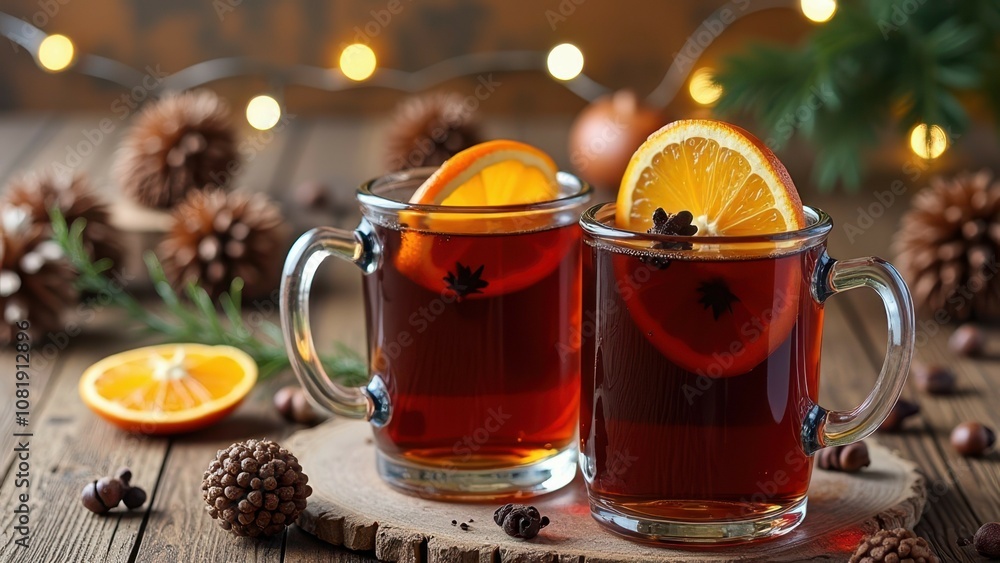 Warm mulled wine with orange slices and pinecones on rustic table with festive lights Warm mulled wine with orange slices and pinecones on rustic table with festive lights