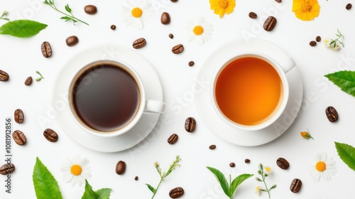 Coffee VS tea. A vibrant flat lay of two cups, one filled with dark coffee and the other with orange tea, surrounded by flowers, leaves, and coffee beans.