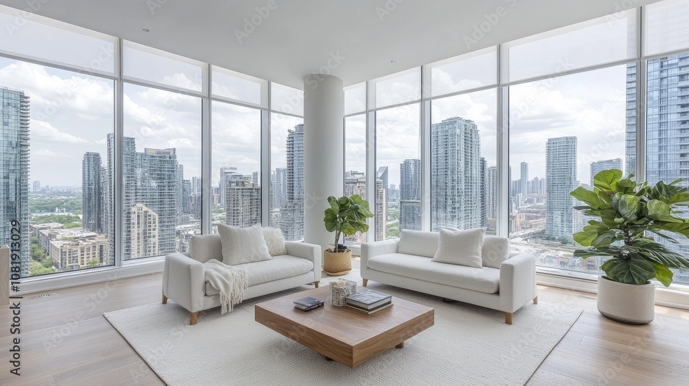Modern Urban Living Room with Panoramic City View Featuring Stylish Furniture, Greenery, and Abundant Natural Light in a Contemporary High-Rise Apartment Modern Urban Living Room with Panoramic City View Featuring Stylish Furniture, Greenery, and Abundant Natural Light in a Contemporary High-Rise Apartment