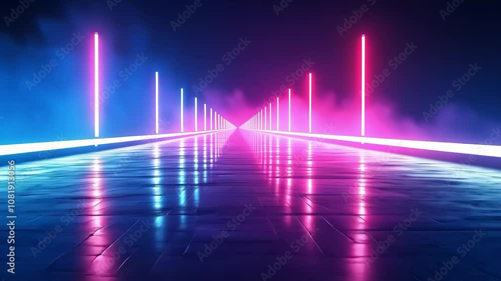 A futuristic scene with vibrant pink and blue neon lights lining a reflective path, creating a dynamic and immersive atmosphere. A futuristic scene with vibrant pink and blue neon lights lining a reflective path, creating a dynamic and immersive atmosphere.