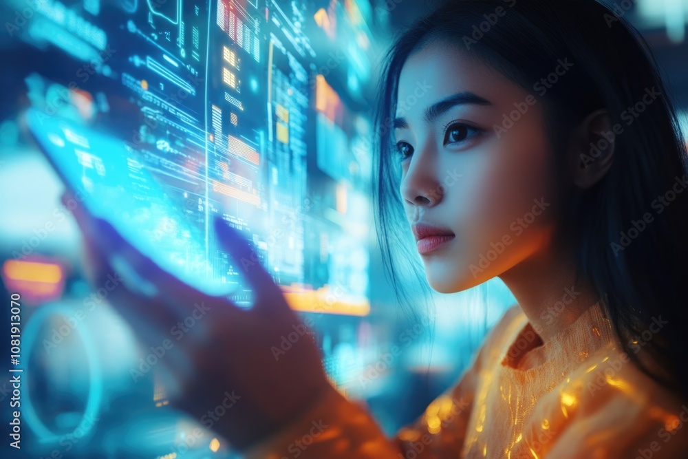 Asian woman uses holographic technology to access phone data efficiently. Asian woman uses holographic technology to access phone data efficiently.