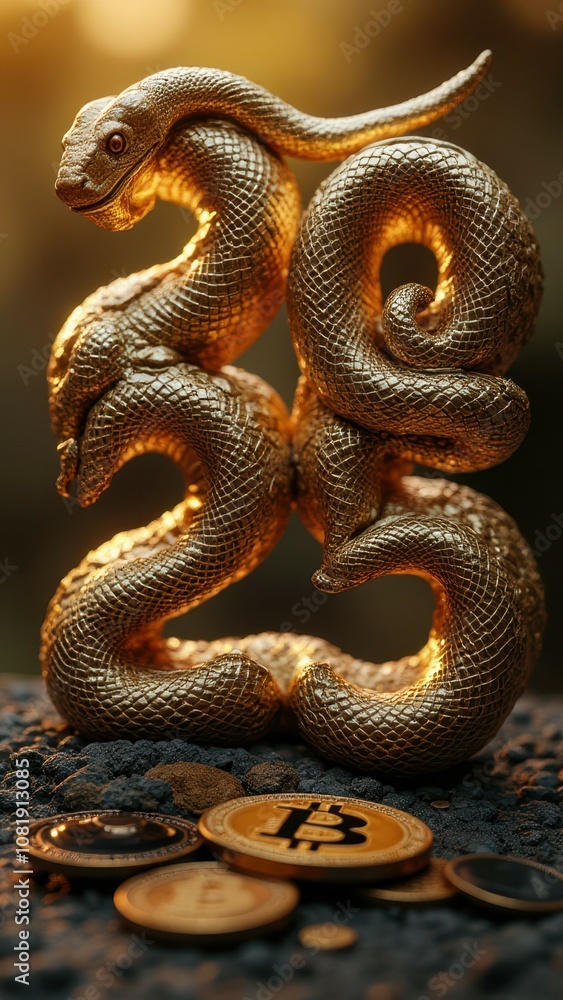 Golden snake sculpted 2025 with bitcoin coins: symbolizing wealth and cryptocurrency trends Golden snake sculpted 2025 with bitcoin coins: symbolizing wealth and cryptocurrency trends