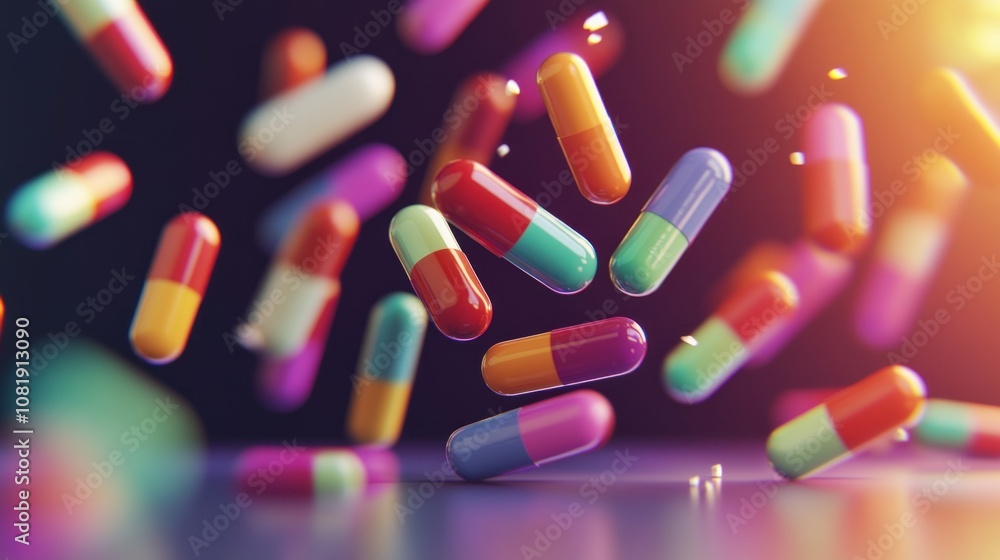Colorful capsules falling against a dark background. Colorful capsules falling against a dark background.