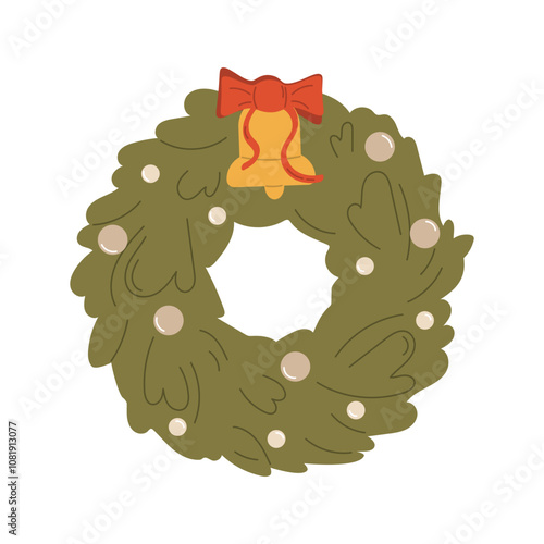 Christmas Wreath with Red Bow and Golden Bell Vector Illustration, A festive Christmas wreath illustration decorated with a golden bell and a vibrant red bow, perfect for holiday designs