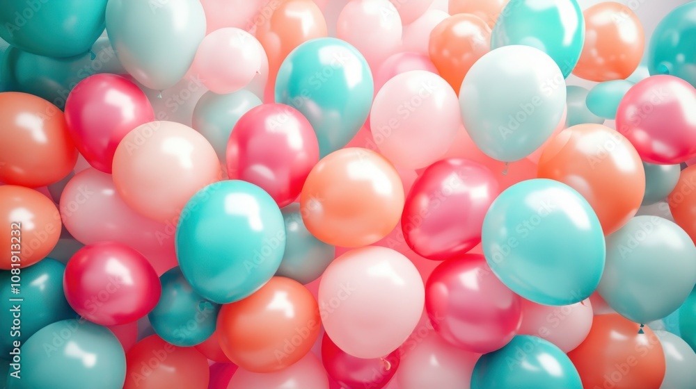 A colorful cluster of pastel pink, blue, and orange balloons fill the frame, creating a festive and cheerful background. A colorful cluster of pastel pink, blue, and orange balloons fill the frame, creating a festive and cheerful background.