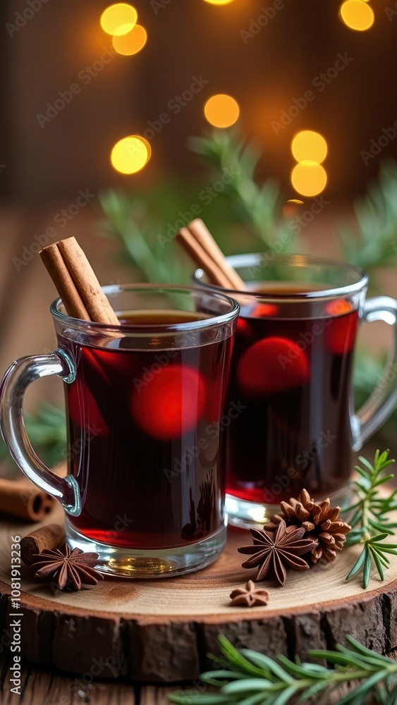 Warm mulled wine with cinnamon sticks and festive bokeh lights Warm mulled wine with cinnamon sticks and festive bokeh lights