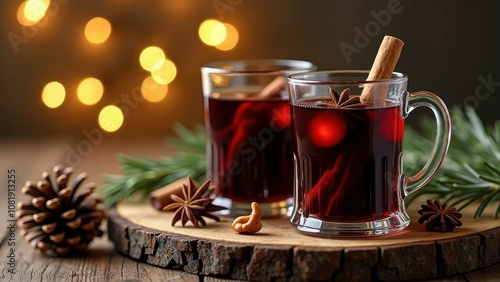 Warm spiced mulled wine with cinnamon and star anise in cozy holiday setting