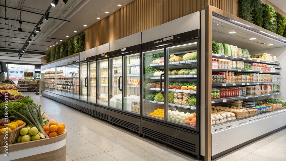 Fototapeta premium Modern Supermarket Refrigeration: A Stylish Display of Fresh Produce and Dairy Products in Fashion Photography Setting