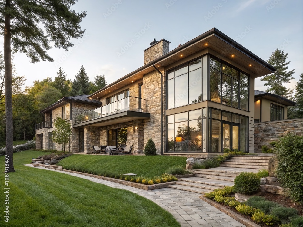 Modern Two Story House Featuring Stunning Glass Windows and Elegant Stone Walls Surrounded by Lush Landscaping, Ideal for Contemporary Architecture Lovers and Home Design Enthusiasts Modern Two Story House Featuring Stunning Glass Windows and Elegant Stone Walls Surrounded by Lush Landscaping, Ideal for Contemporary Architecture Lovers and Home Design Enthusiasts
