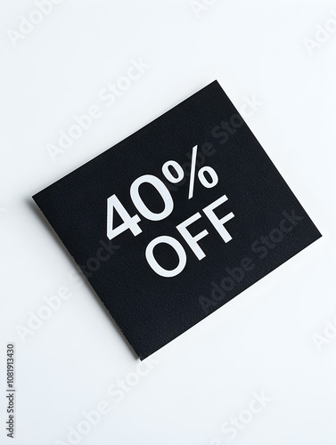 White '40% OFF' Text on a Black Square Paper Note. White Background 