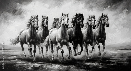 Seven black and white Horses painting on dark colour background illustration image, Download Indian paintings.