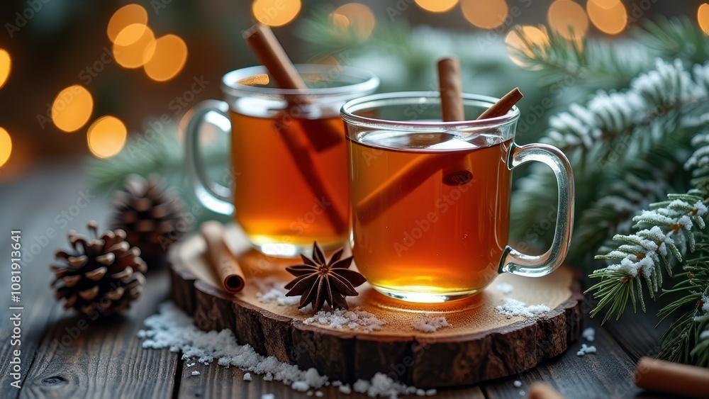 Warm cinnamon tea with festive pinecones and holiday lights Warm cinnamon tea with festive pinecones and holiday lights