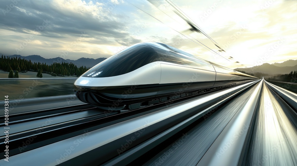 Obraz premium Futuristic High-Speed Train Racing Through Scenic Landscape with Dramatic Sky and Motion Blur Effect, Showcasing Modern Technology and Innovation in Transportation
