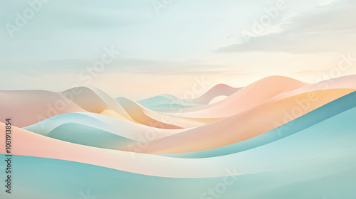 Modern abstract pastel landscape with geometric arches and soft colored dunes under a dreamy sky