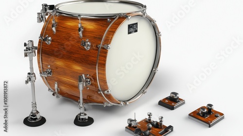 Realistic wooden drum showpiece with sleek design, bright white drumhead and stylish metallic hardware, ideal for music enthusiasts and creative projects