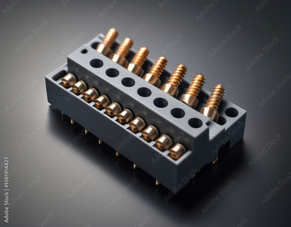 A close-up of an electrical terminal block with screws on a solid background. Generative AI A close-up of an electrical terminal block with screws on a solid background. Generative AI