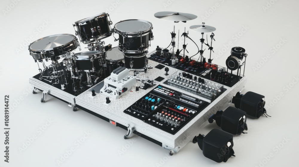 Advanced Electronic Drum Kit Setup Featuring Synthesizers, Drum Pads, and Mixing Console for Professional Music Production and Live Performance Advanced Electronic Drum Kit Setup Featuring Synthesizers, Drum Pads, and Mixing Console for Professional Music Production and Live Performance