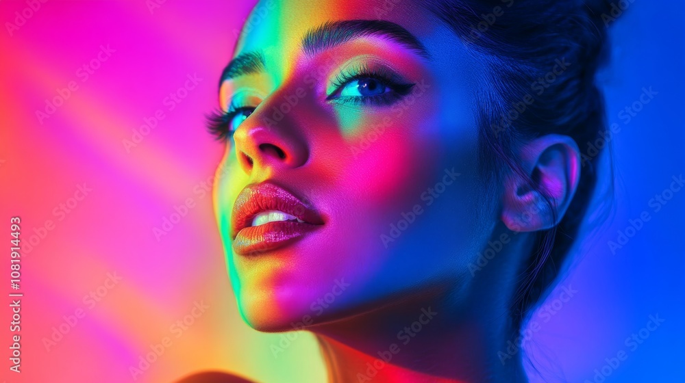 A portrait of a woman under neon lights, with bright neon colors illuminating her face, creating a stylish and artistic look A portrait of a woman under neon lights, with bright neon colors illuminating her face, creating a stylish and artistic look