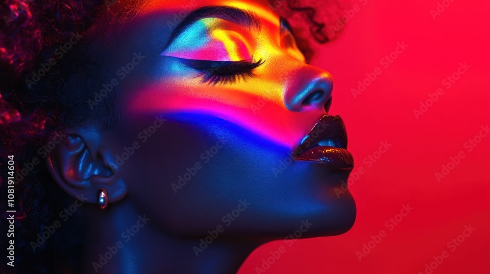A close-up portrait of a young woman with vibrant rainbow lights illuminating her face. A close-up portrait of a young woman with vibrant rainbow lights illuminating her face.