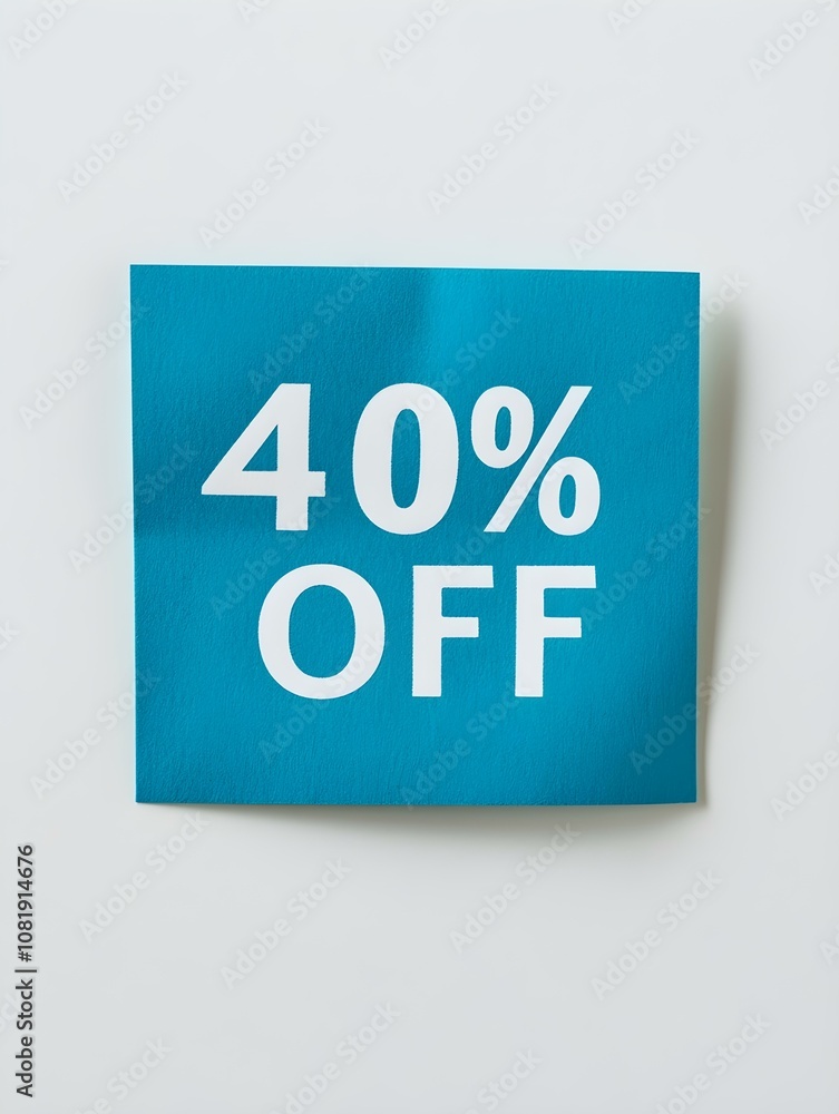 White '40% OFF' Text on a Blue Square Paper Note. White Background White '40% OFF' Text on a Blue Square Paper Note. White Background