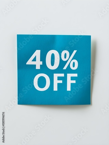 White '40% OFF' Text on a Blue Square Paper Note. White Background 