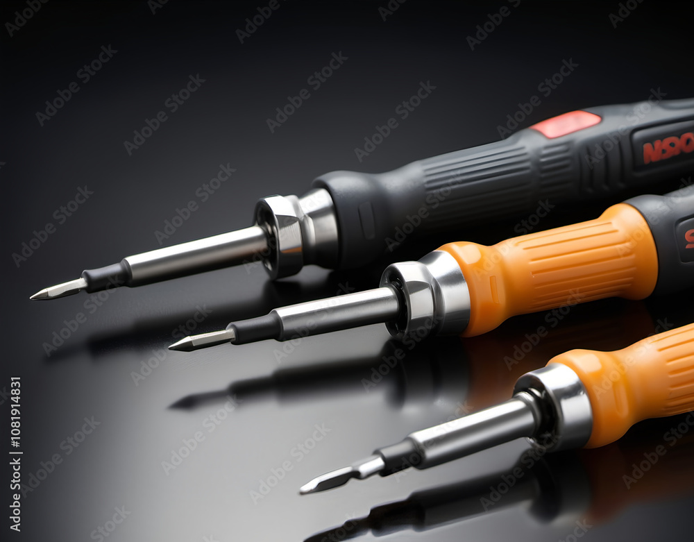 Detailed view of electrical screwdrivers with insulated handles lying flat. Generative AI Detailed view of electrical screwdrivers with insulated handles lying flat. Generative AI