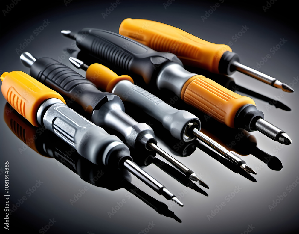 Detailed view of electrical screwdrivers with insulated handles lying flat. Generative AI Detailed view of electrical screwdrivers with insulated handles lying flat. Generative AI