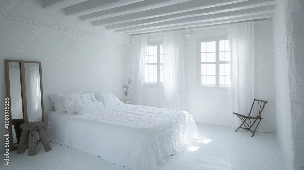 Minimalist Bedroom Design Featuring Soft White Bedding and Natural Light with Wooden Accents for a Serene and Calming Atmosphere Minimalist Bedroom Design Featuring Soft White Bedding and Natural Light with Wooden Accents for a Serene and Calming Atmosphere