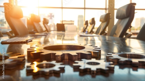 Large interconnected network of gears symbolizing corporate competition, with one oversized gear dominating the scene, representing antitrust concerns. Central gear with copy space for text.