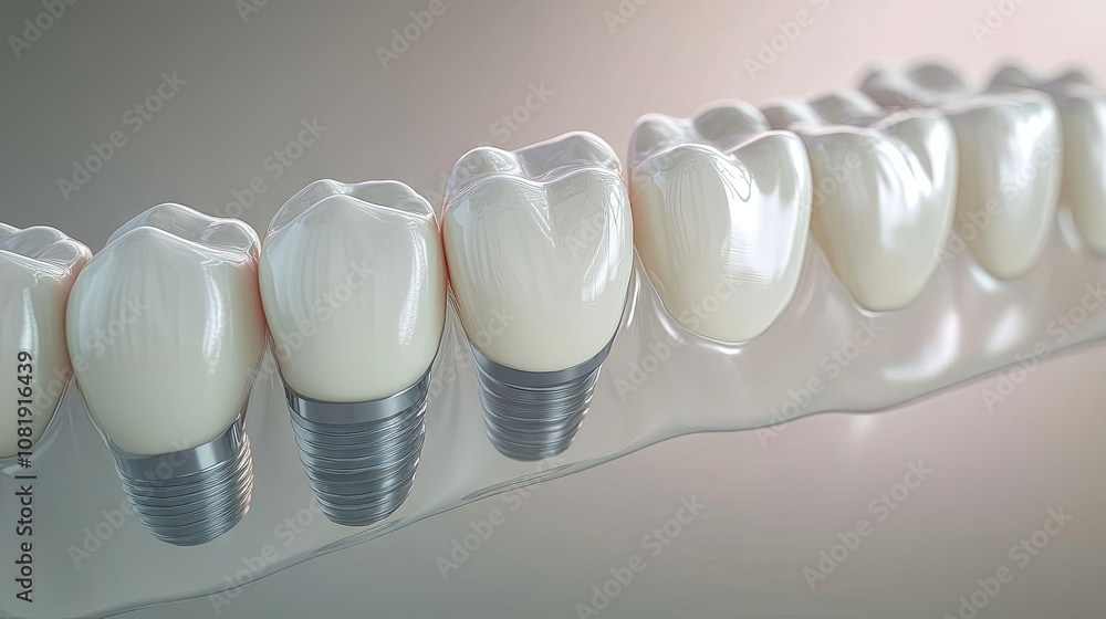 Fototapeta premium Close-up view of dental implants showcasing realistic artificial teeth in a row.