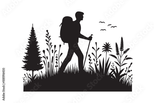 camping adventure hiker vector silhouette isolated in white background