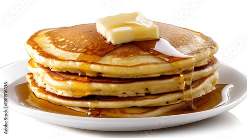 A stack of pancakes, fluffy pancakes topped with butter and maple syrup.