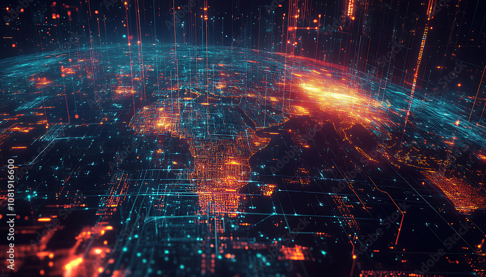 Obraz premium Global supply chain security risks digital landscape infographic cyber environment aerial view data integrity