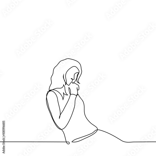 woman sitting relaxed and thinking with hand on chin - one line art vector. concept woman reflection, brainstorming