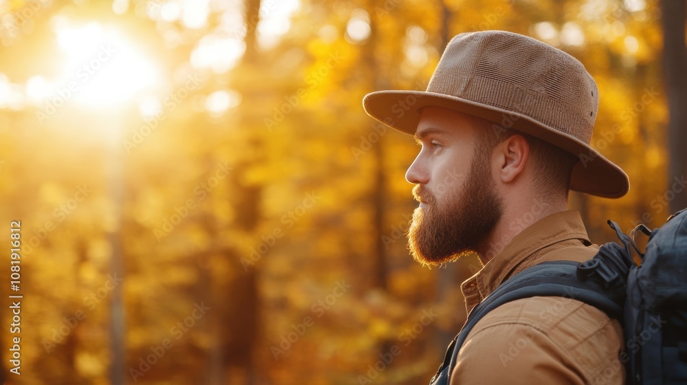A man with a thick beard and hat gazes thoughtfully into the distance amidst a vibrant autumn landscape, This image is ideal for travel articles, outdoor adventure websites, or lifestyle blogs, A man with a thick beard and hat gazes thoughtfully into the distance amidst a vibrant autumn landscape, This image is ideal for travel articles, outdoor adventure websites, or lifestyle blogs,