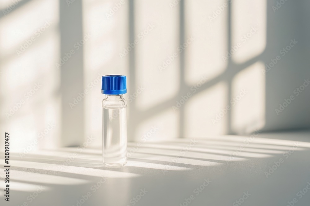 Clear Glass Bottle with Blue Cap and Soft Shadows Clear Glass Bottle with Blue Cap and Soft Shadows
