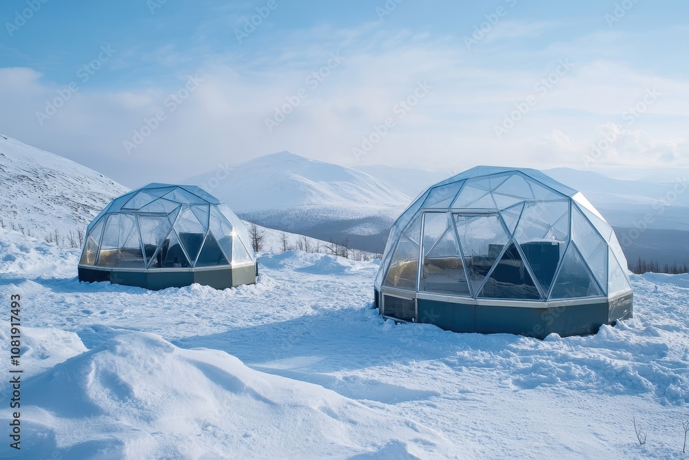 Geodesic transparent pods nestled in a serene snowy landscape, blending modern design with nature's beauty. Geodesic transparent pods nestled in a serene snowy landscape, blending modern design with nature's beauty.