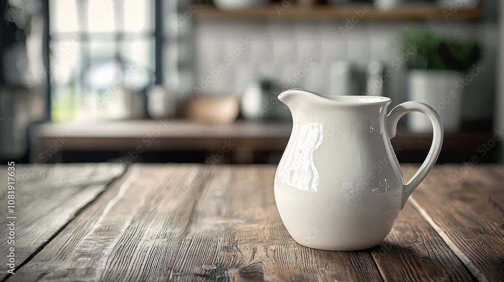 Simple white ceramic jug on rustic wooden table in a cozy kitchen setting illuminated by natural light Simple white ceramic jug on rustic wooden table in a cozy kitchen setting illuminated by natural light