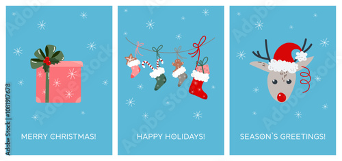 Winter, Merry Christmas and New Year vector card or poster illustration template with present or gift box, socks and deer in Santa hat. Happy Holidays. Seasons greetings inscription.
