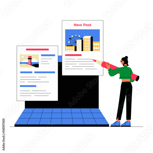 Woman Creating A New Blog Post With Floating Windows In Flat Vector Illustration Symbolizing Content Creation, Blogging, And Social Media, Isolated On White Background
