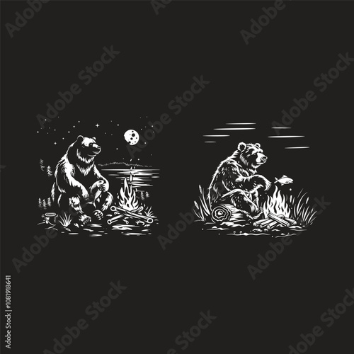 bear grilled fish in campfire logo design vector vintage