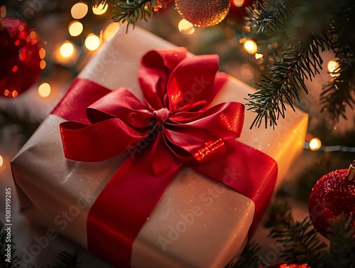 Beautifully Wrapped Gift with Big Red Bow under Twinkling Christmas Tree