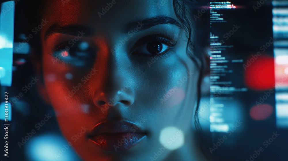 Close up of womans face illuminated by colorful digital screens, showcasing blend of technology and emotion, reflecting modern, tech savvy environment Close up of womans face illuminated by colorful digital screens, showcasing blend of technology and emotion, reflecting modern, tech savvy environment