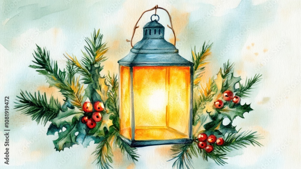 Watercolor illustration of a lantern with holly and pine branches, glowing with warm light. Watercolor illustration of a lantern with holly and pine branches, glowing with warm light.
