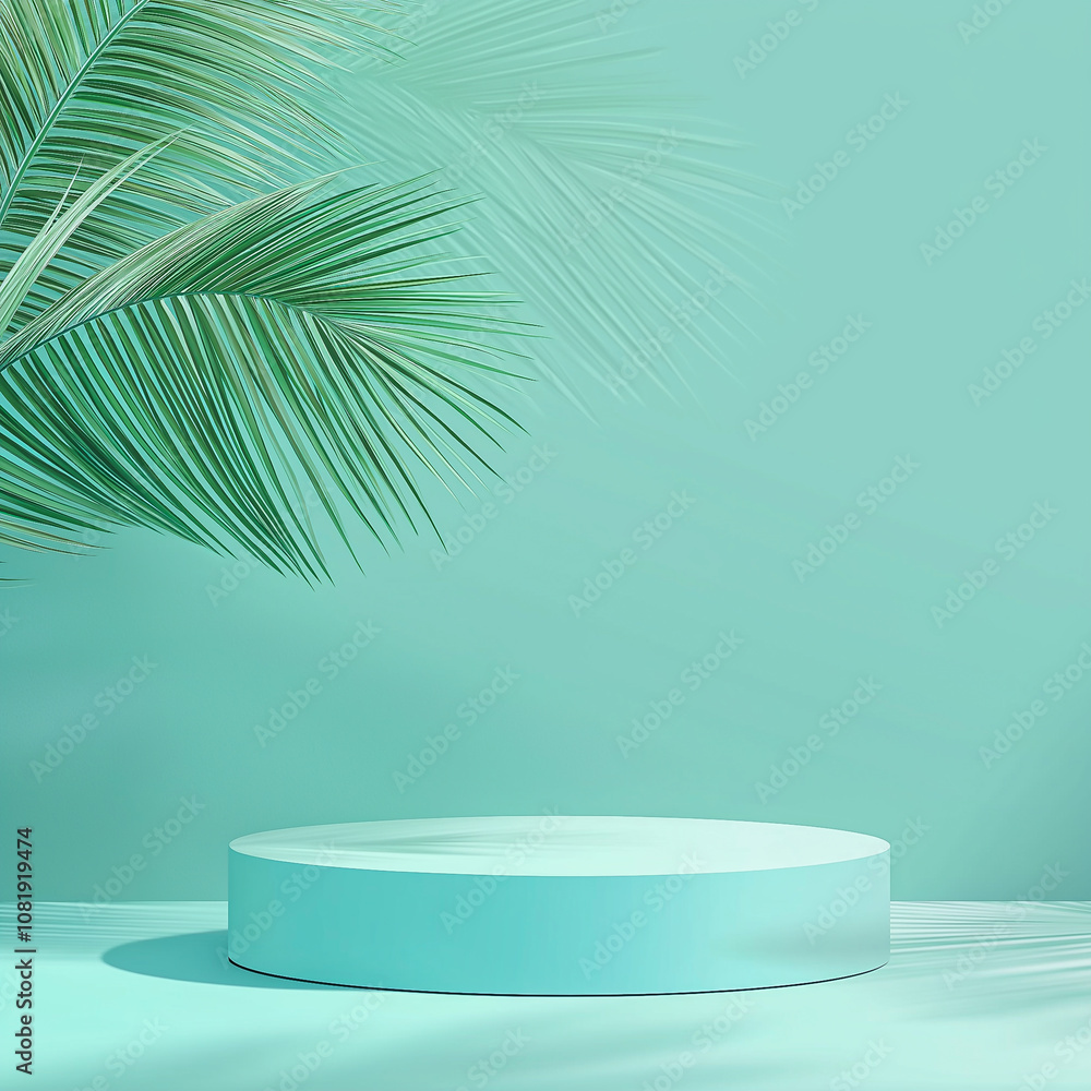 Abstract empty green Podium with green leaves on green background. Mock up stand for product presentation. Advertising template Image for Advertising Abstract empty green Podium with green leaves on green background. Mock up stand for product presentation. Advertising template Image for Advertising